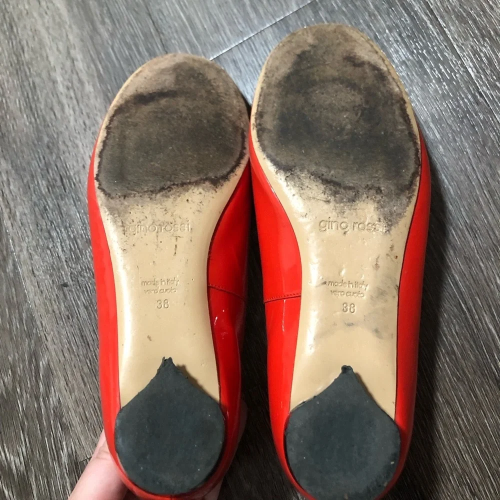 Gino Rossi Italy Coral/Red/Orange Patent Leather Gold Buckle Flats - 38